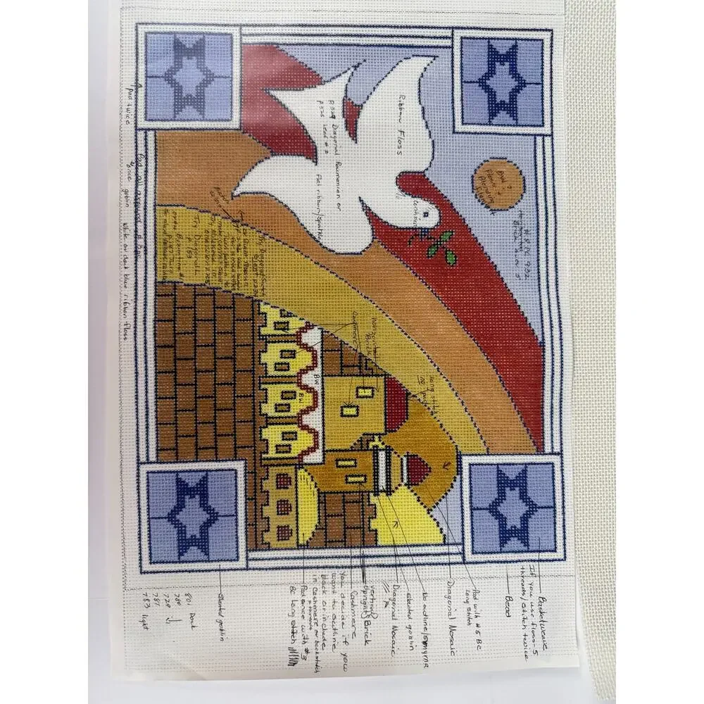 Vintage 1989 MIRI Hand Painted Needlepoint Canvas Judaica Jerusalem Dove